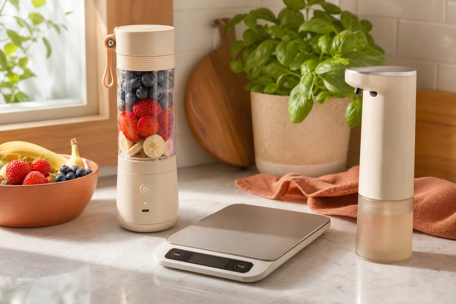 Smart kitchen gadgets on marble countertop